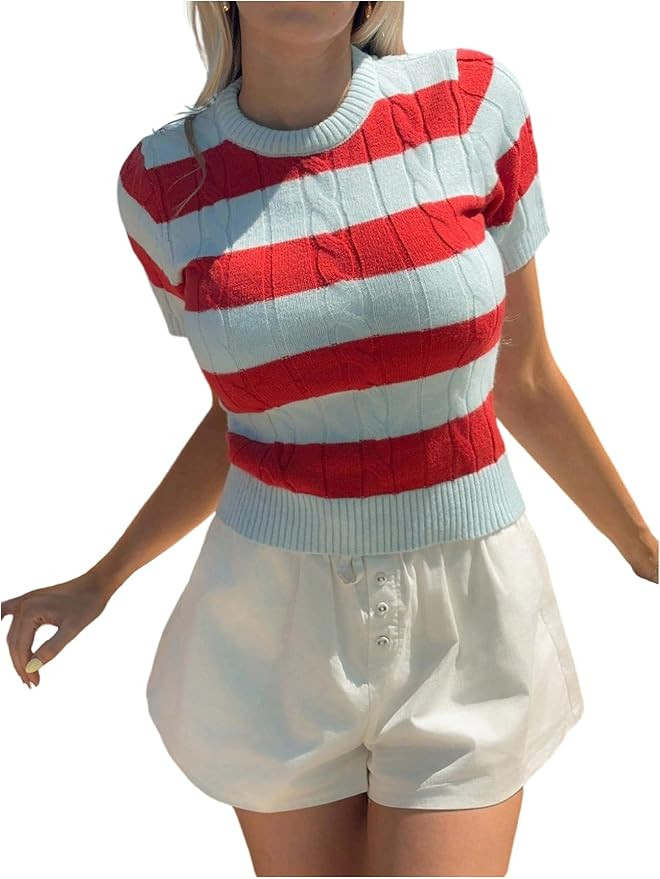 Floerns Women's Striped Short Sleeve Sweater Textured Crew Neck Knit Pullover Tops | Amazon (US)