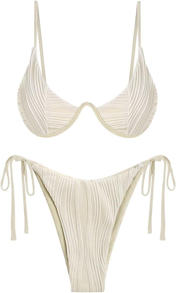ZAFUL Women's Textured Underwire Bikini Set V Notch High Cut Swimwear Tie Side Ribbed Sexy Swimsu... | Amazon (US)