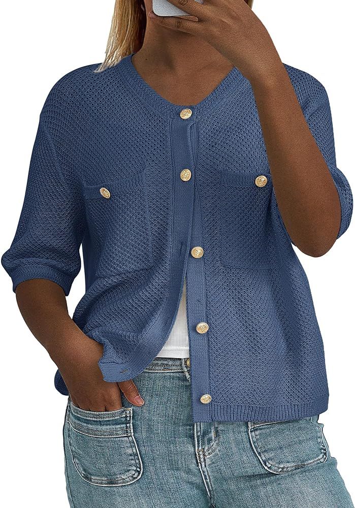 PRETTYGARDEN Women's Summer Knit Blouse Top Casual Crewneck Button Down Short Sleeve Cardigan Poc... | Amazon (US)