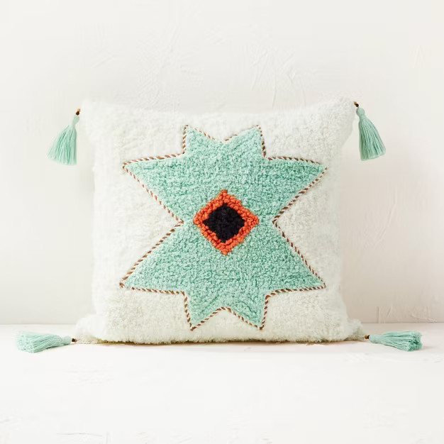 Geometric Medallion Tufted Square Throw Pillow Cream/Light Teal - Opalhouse™ designed with Jung... | Target