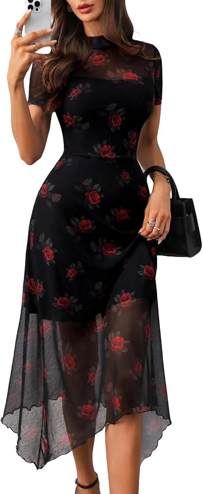 GothDark Women's Wedding Guest Floral Print Vintage Goth Dress Mesh Spliced Double-Layered Irregu... | Amazon (US)
