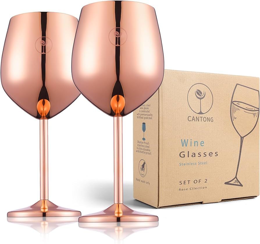 Wine Glasses Set of 2, 18oz Unbreakable Rose Gold Wine Glasses, Stainless Steel Red Wine Glasses | Amazon (US)