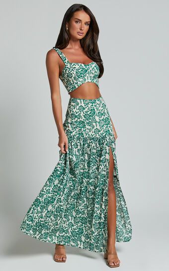Nelli Two Piece Set - Crop Top and Thigh Split Maxi Skirt in White and Green Floral | Showpo (US, UK & Europe)