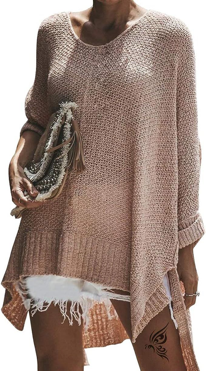 Exlura Women's Casual V Neck Loose Oversized Pullover Sweater High Low Knitted Jumper | Amazon (US)