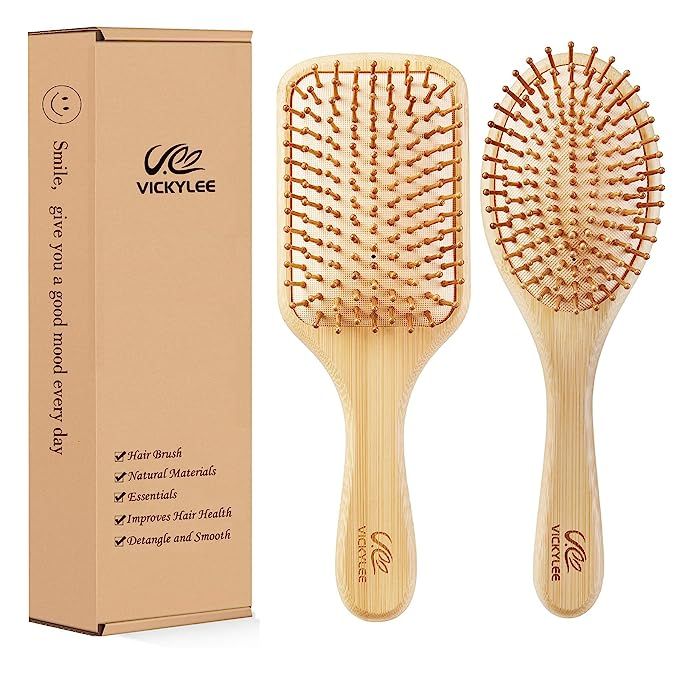 VICKYLEE 2PCS Large Natural Wooden Bamboo Hair Combs set (Rectangle+Oval) Bamboo Bristle Detangli... | Amazon (US)