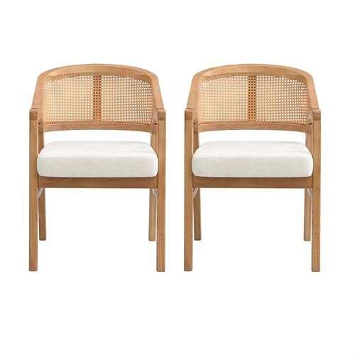 GDFStudio Set of 2 Upholstered Dining Chairs with Arms Vintage Rattan Cane Backrest Accent Chairs with Solid Wood Frame Farmhouse Kitchen & Dining Room Chairs, Natural Oak | Amazon (US)