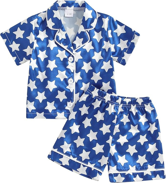 Toddler Girl Boy Silk Pajamas American Flag Button-Up T-Shirt Shorts Satin PJs Set Kids 4th Fourt... | Amazon (US)