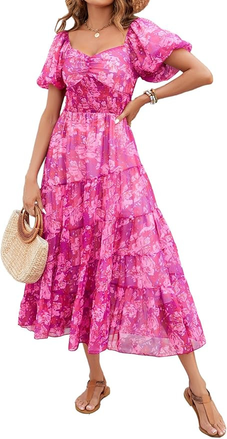 Women Floral Maxi Dress Short Puff Sleeve V Neck Bohemian Flowy Dress Smocked Casual Spring Summe... | Amazon (US)