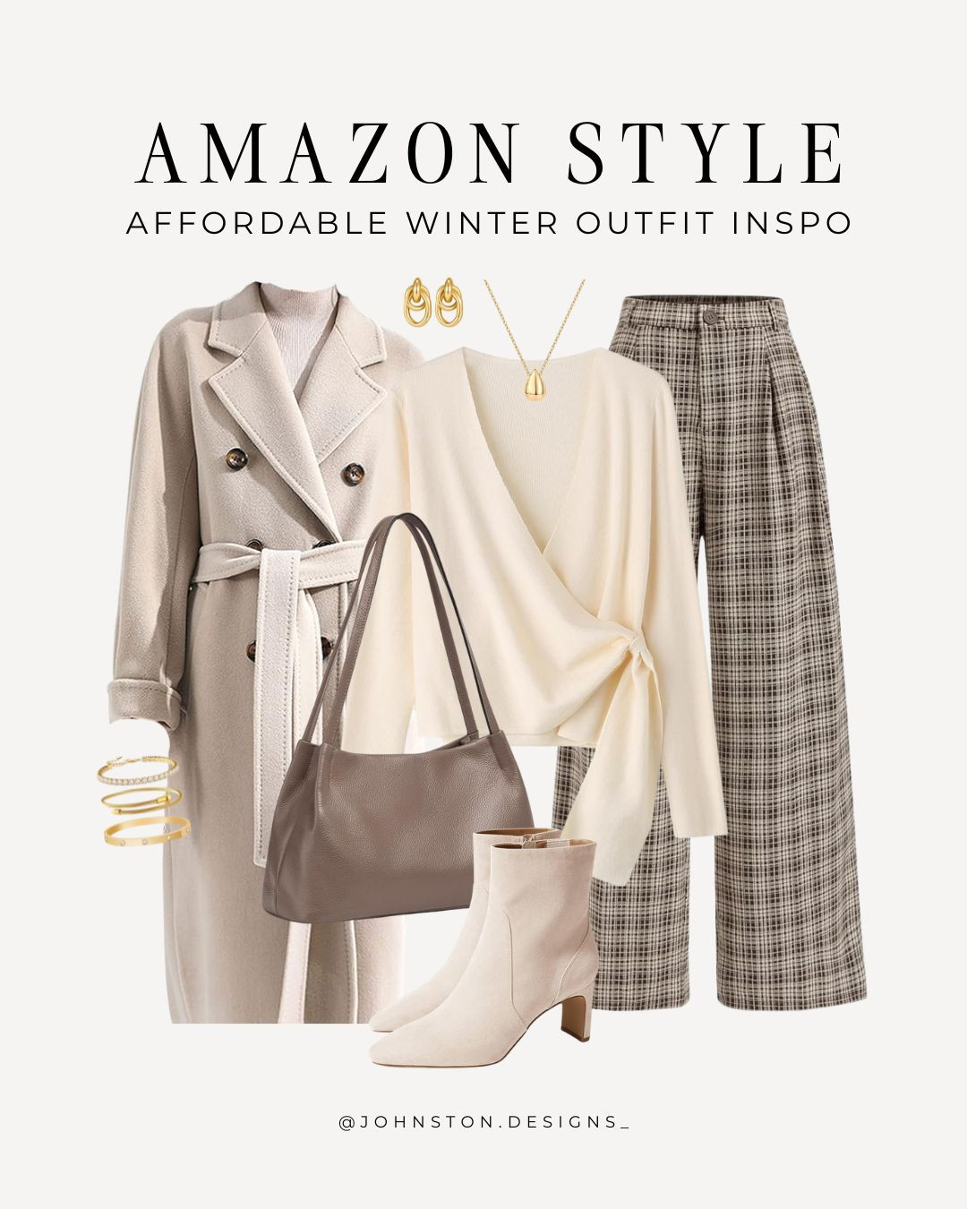 Affordable winter fashion inspo all from Amazon! Wool coat, plaid pants, wrap top, purse, boots, gold jewelry, winter style, outfit inspo, Amazon fashion.  

 #LTKootd #LTKSeasonal #LTKFindsUnder50