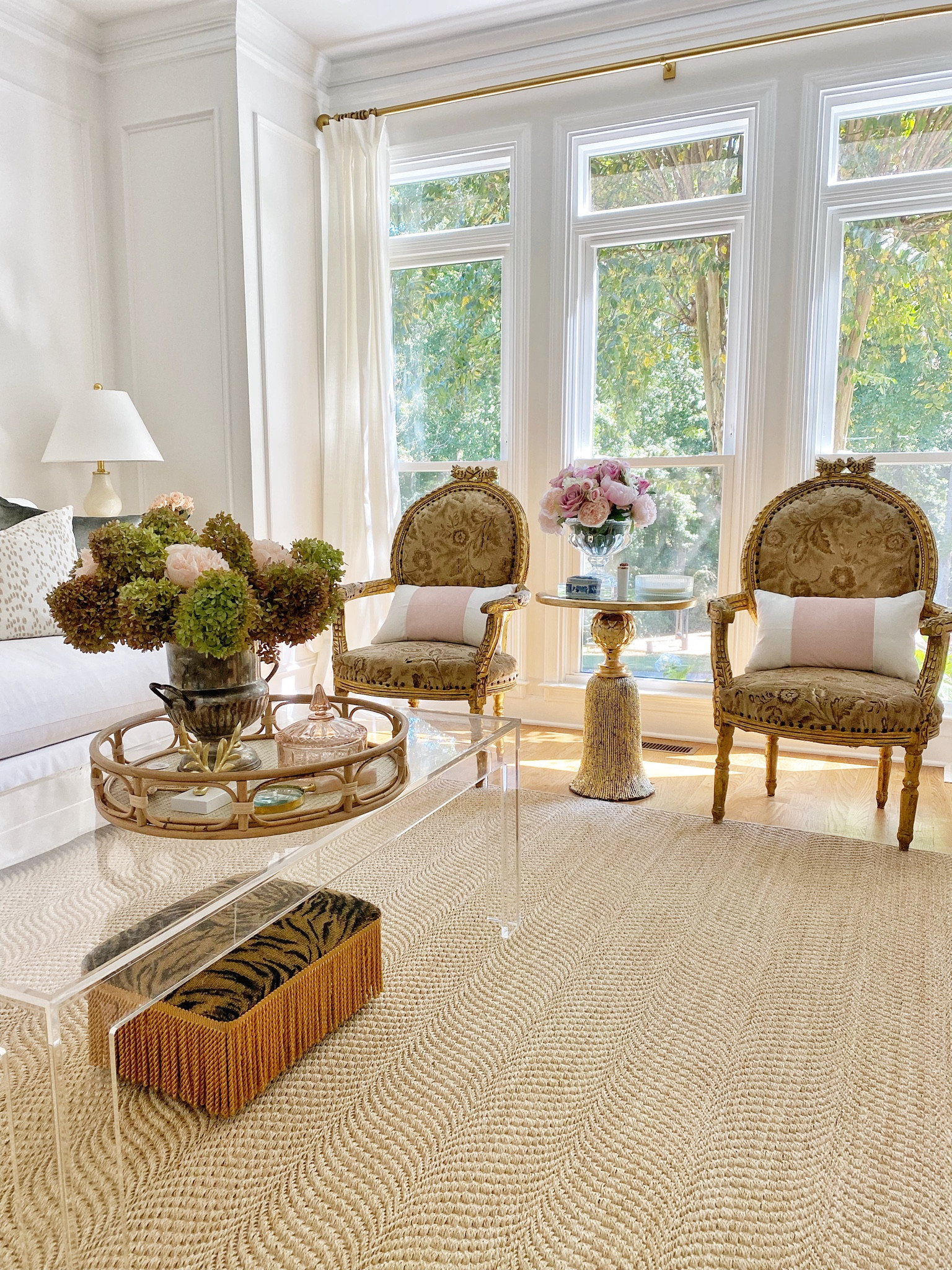 Sisal area rug, chinoiserie, grand millennial, traditional, gold, glam, and table, accent of table, table lamp, acrylic coffee table, Ballard designs, chairish, bamboo tray, 

#LTKhome