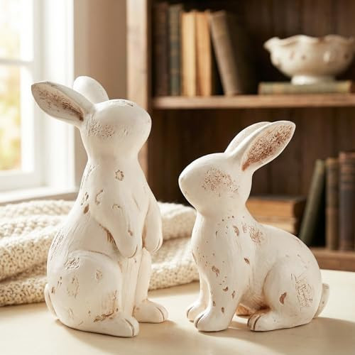 TACROART Vintage Easter Bunny Decor, Set of 2 Distressed White Resin Rabbit Figurines - Rustic Farmhouse Spring Decorations for Home, Mantel, Tabletop, Shelf, Tiered Tray, Gift Idea | Amazon (US)