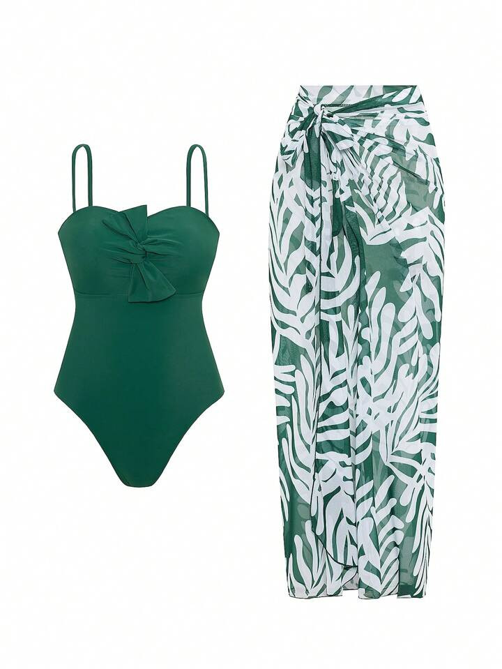 Swim Oasis 2pcs/Set New Elegant Holiday Casual Vacation Bohemian Style Backless Tie Front Spaghetti Strap One-Piece Swimsuit And Random Floral Print Maxi Coverup For Women | SHEIN