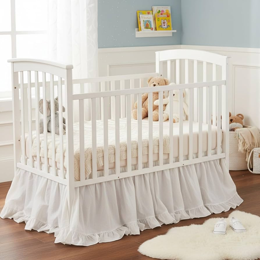 White Crib Skirt Dust Ruffle 28" x 52" with 16" Drop–100% Washed Cotton Baby Bed Crib Skirt for... | Amazon (US)
