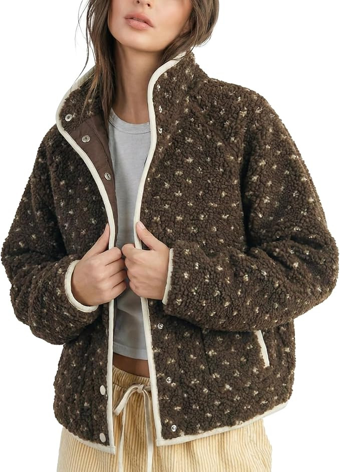 Slouchy Fleece Jacket Women Long Sleeve Button Down High Neck Polka Dot Puffer Jackets Sherpa Ove... | Amazon (US)