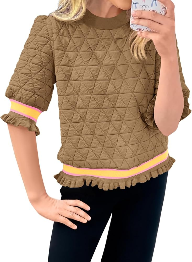 Fisoew Womens Quilted Pattern Cropped Sweatshirts Casual Crewneck Half Lantern Sleeve Textured Ru... | Amazon (US)