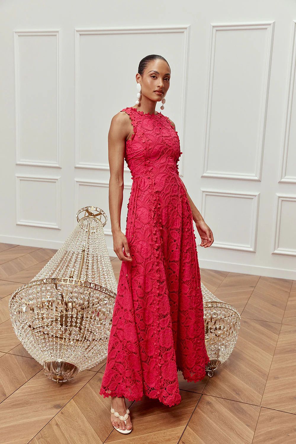 Pink Cutwork Floral Boat Maxi Alize Dress | Sabo Skirt US