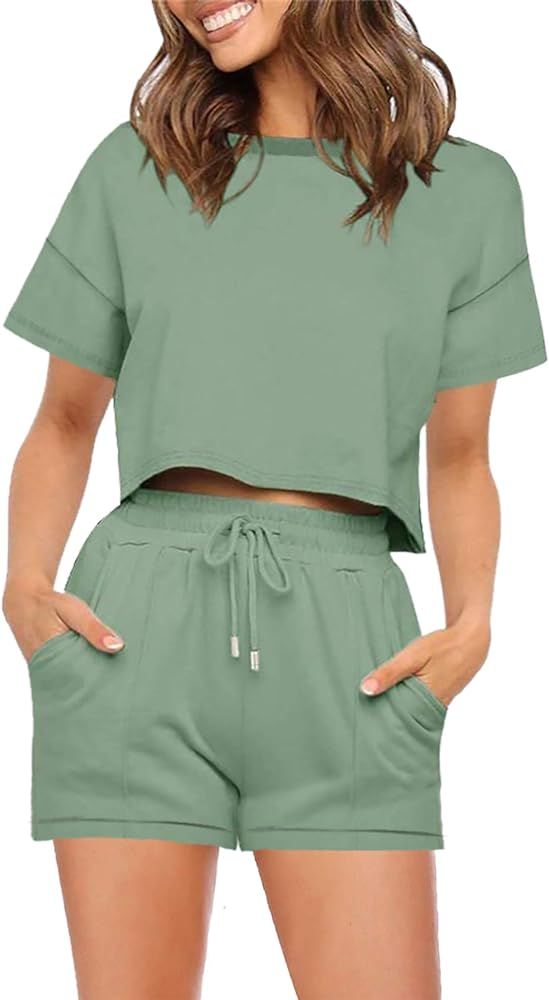 wkwmrpet Women's Short/ Long Sleeve Crop Top and Shorts Pajama Sets 2 Piece Jogger Sleepwear Loun... | Amazon (CA)