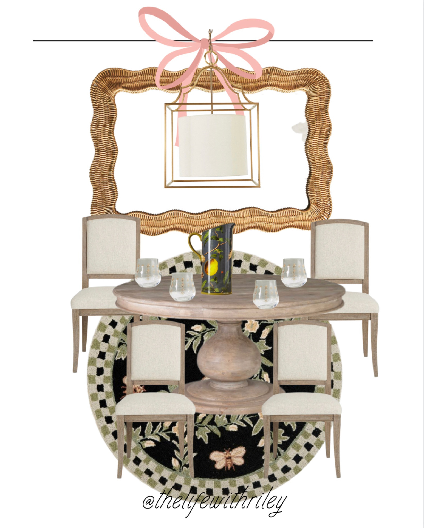 Kitchen breakfast nook vibes 

Classic home decor, round rug, round dining table, round kitchen table, dining chairs, upholstered dining chairs, stemless wine glass, water pitcher, pendant light, kitchen chandelier, green and black rug, grandmillennial home design, grandmillennial home decor, kitchen decor, kitchen table, breakfast table 

#LTKhome