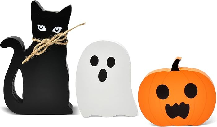 Gift Boutique 3 Halloween Wooden Table Decorations Centerpiece Block Black Cat White Ghost Orange... | Amazon (US)