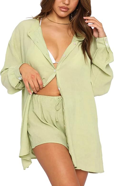 Summer Women's Casual Two Pieces Tracksuit Half Sleeve Button-Down Shirt High Waisted Shorts Set | Amazon (US)