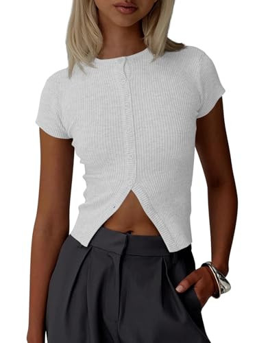 Imily Bela Womens Lightweight Button Down Cardigan Grey Short Sleeve Sweaters Ribbed Knit Tops Summer Tees 2025 | Amazon (US)