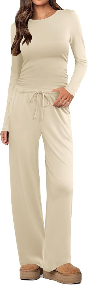 Casual Two Piece Outfit, Travel Ready Set, Fall Everyday Wear, Side Ruched Top, Drawstring Wide L... | Amazon (US)