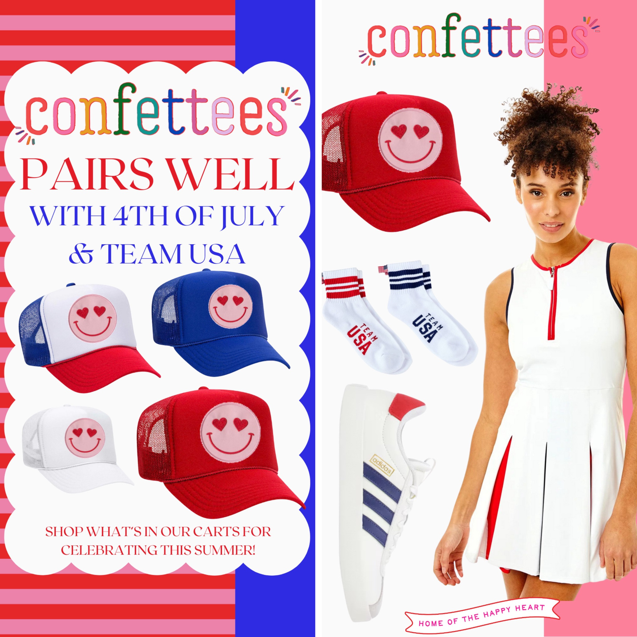 Confettees pairs well with SUMMER FUN! 4th of July & TEAM USA! 🇺🇸❤️🤍💙🎉 Shop some of our favorites to pair with your Happy Heart Hats! #confettees #fourthofjuly #redwhiteandblue #teamusa 

#LTKSummerSales #LTKSeasonal #LTKParties