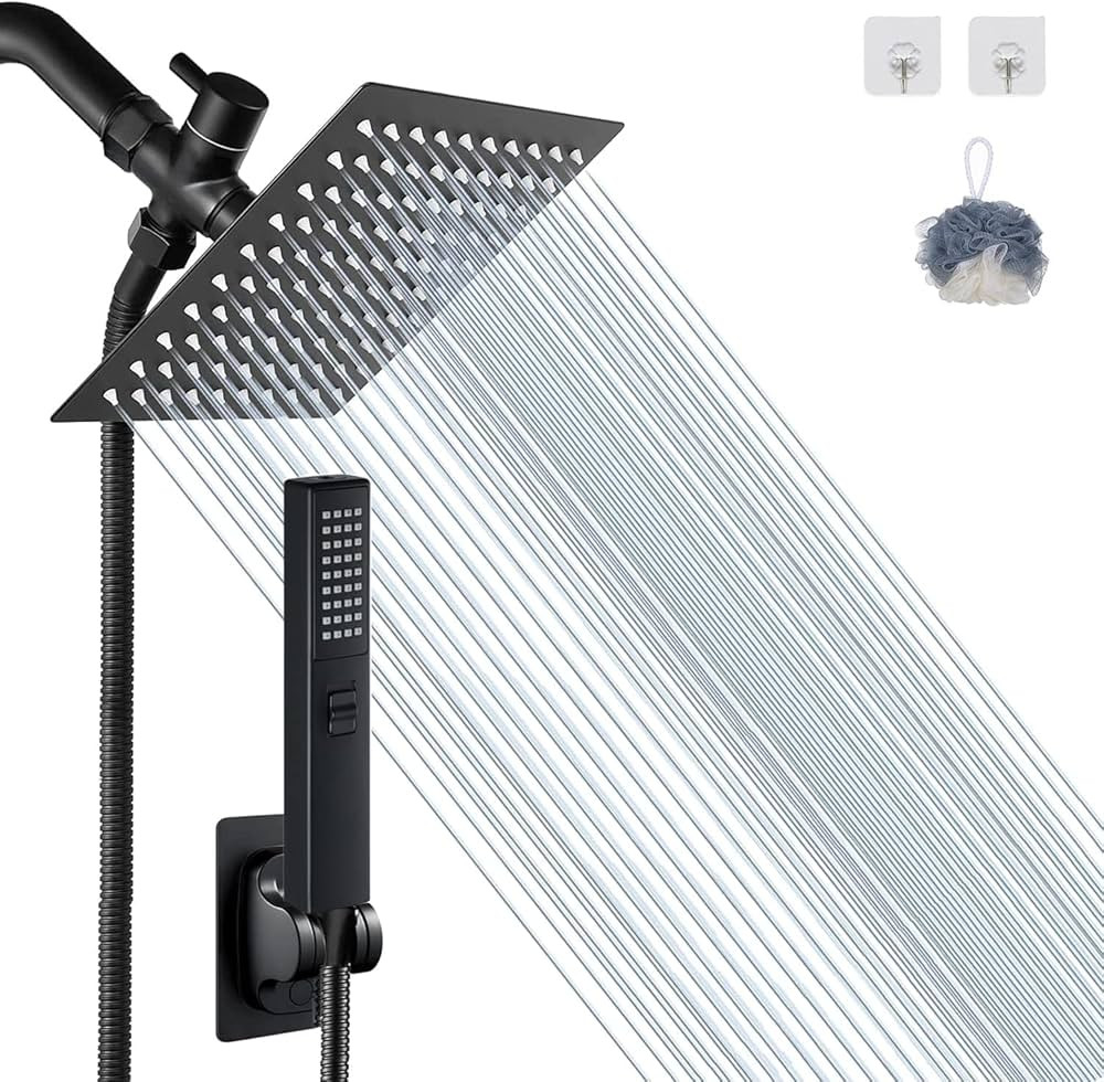 8'' Matte Black Shower Head with hose, 2 in 1 Setting High Pressure Shower Heads, Anti-leak Rainf... | Amazon (US)