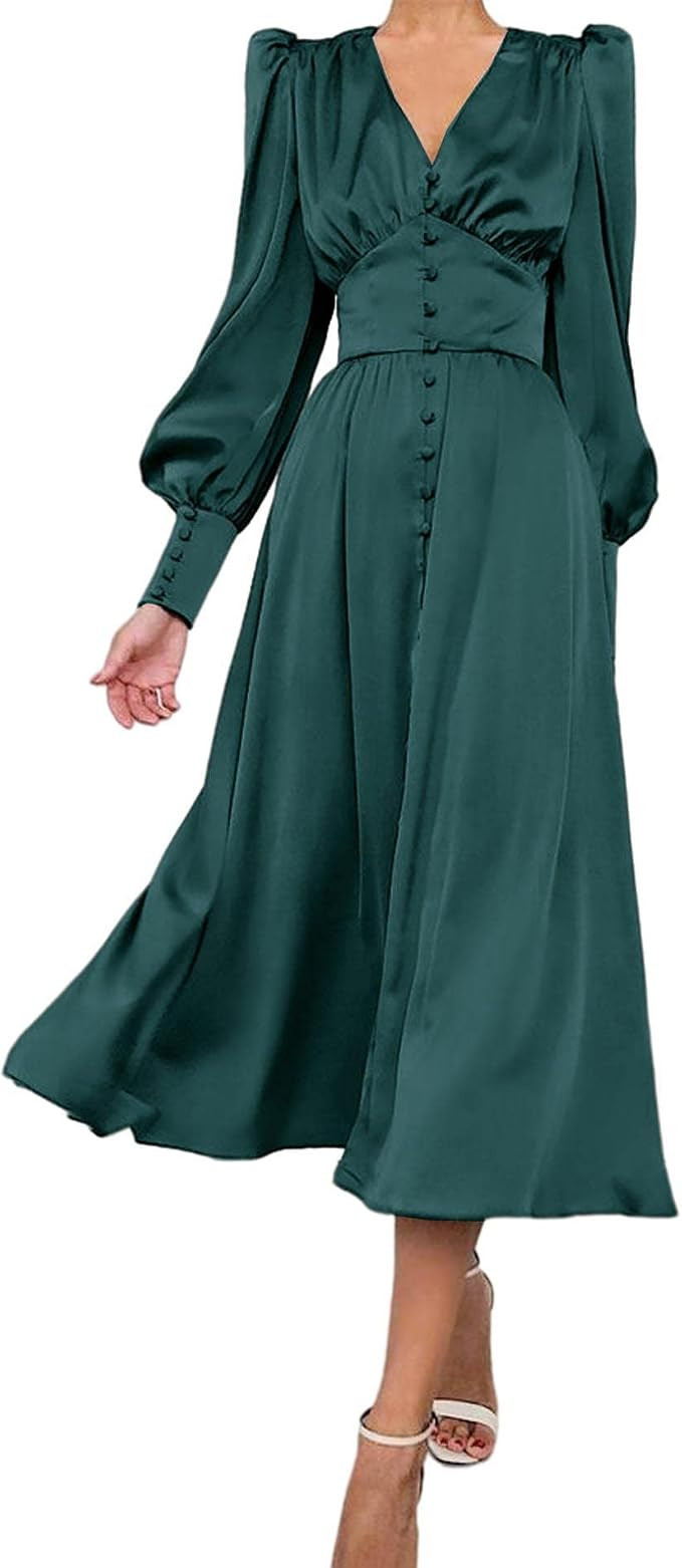 xxxiticat Women's Puff Sleeve Satin Maxi Dress Long Lantern Sleeve Button Down Ruffle Single Brea... | Amazon (US)
