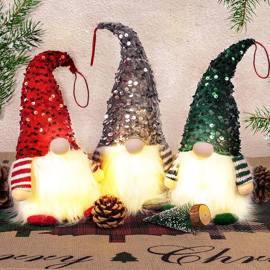 3 Set Lighted Christmas Gnomes, Light Up Tomte Plush Elf with Handmade Sequins Hat, Gnome Christm... | Amazon (US)