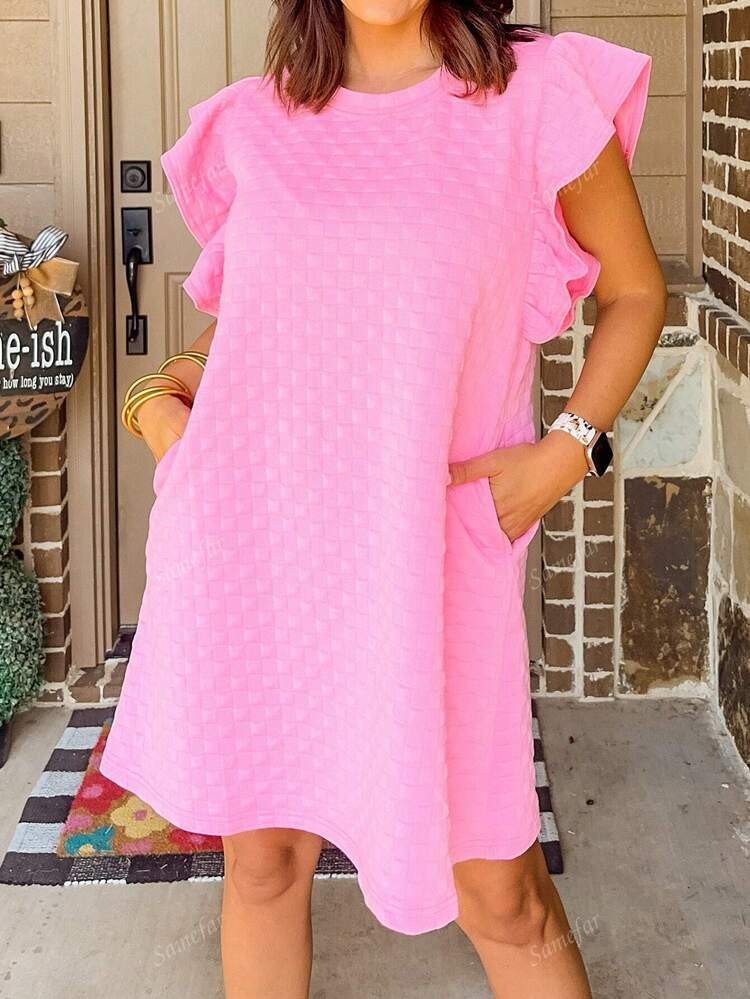 Checkerboard Leisure Vacation Pink Ruffle Sleeve Dress | SHEIN