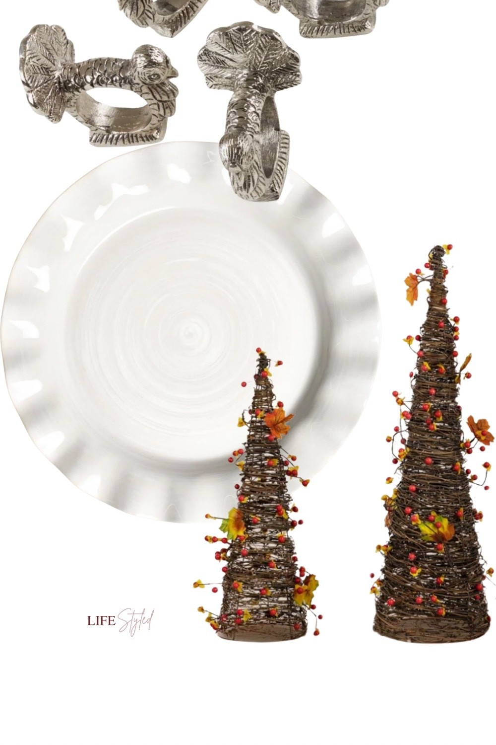 Thanksgiving tablescape goals 🍂✨ Loving these ruffle plates, turkey napkin rings, and rattan berry + maple leaf trees — the perfect mix of cozy and festive for your holiday table! 🦃 

#LTKSeasonal #LTKfoodie #LTKHoliday