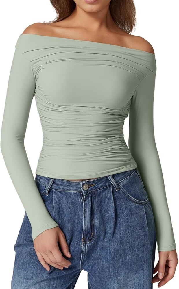 QINSEN Womens Off Shoulder Long Sleeve Tops Ruched Going Out Crop Slim Fitted Double Lined Shirts | Amazon (US)