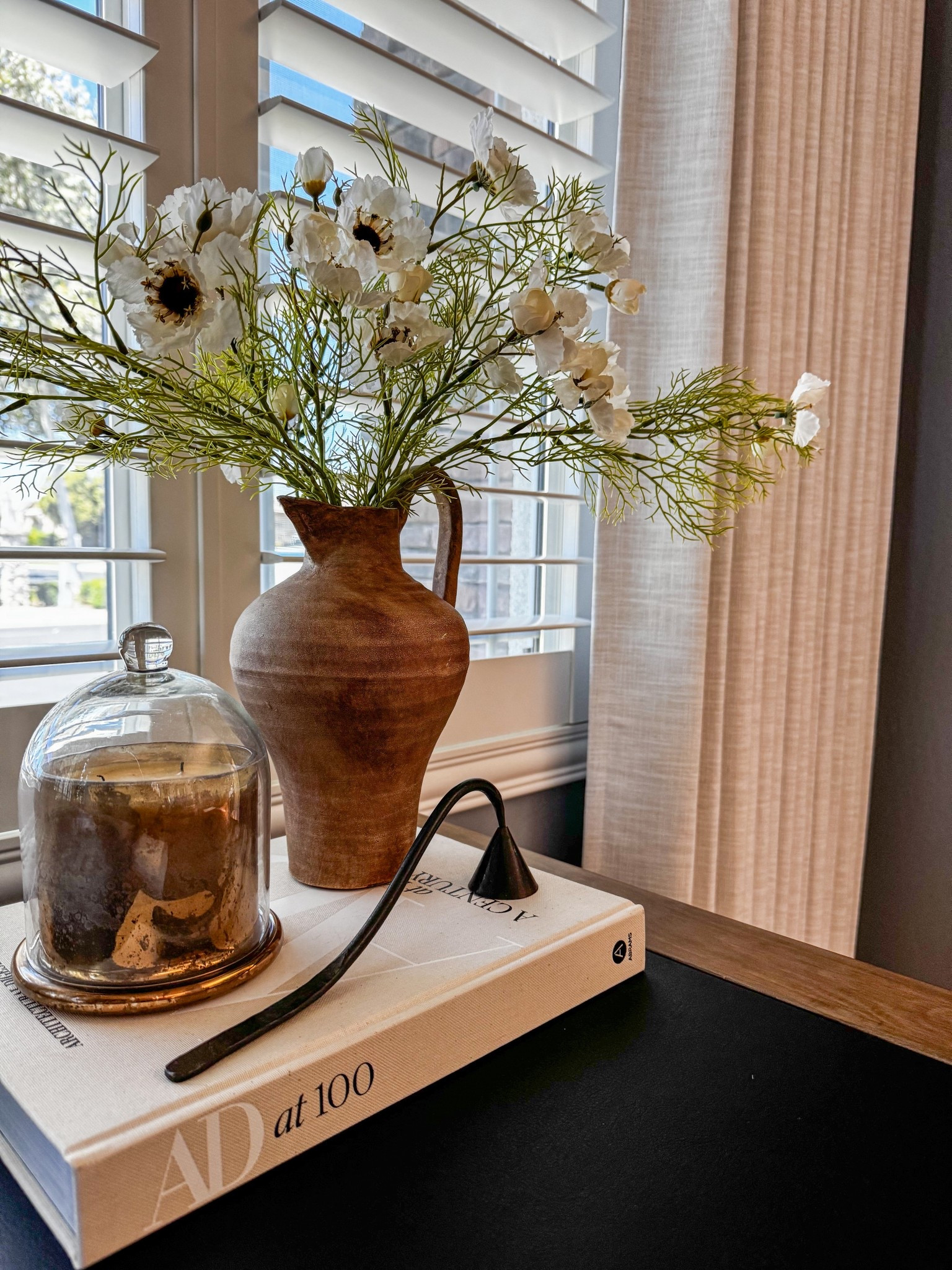 Custom Linen Blend Triple French Pleat Drapes that exceed all expectations! | Learn more about these window treatments on the blog at www.southworth-design.com | Home Office Refresh | home office makeover | home office decor | terracotta vase | candle | coffee table book | vintage rug

#LTKStyleTip #LTKFindsUnder50 #LTKHome
