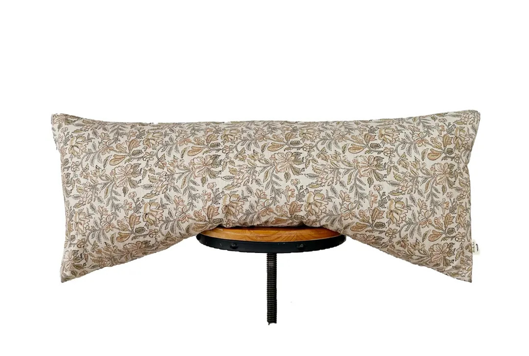 Block Print Linen Pillow, Brown/light Gray/tan Color Floral Pillow. Lumbar Pillow Cover.14×30"14... | Etsy (US)
