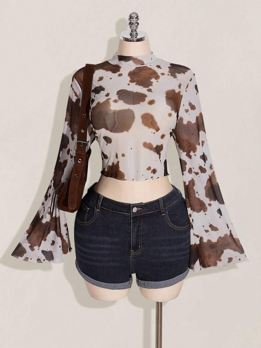 SHEIN ICON Plus Size Women Vacation Bell Sleeve Cow Pattern Print Bohemian Long Sleeve Blouse, Bo... | SHEIN