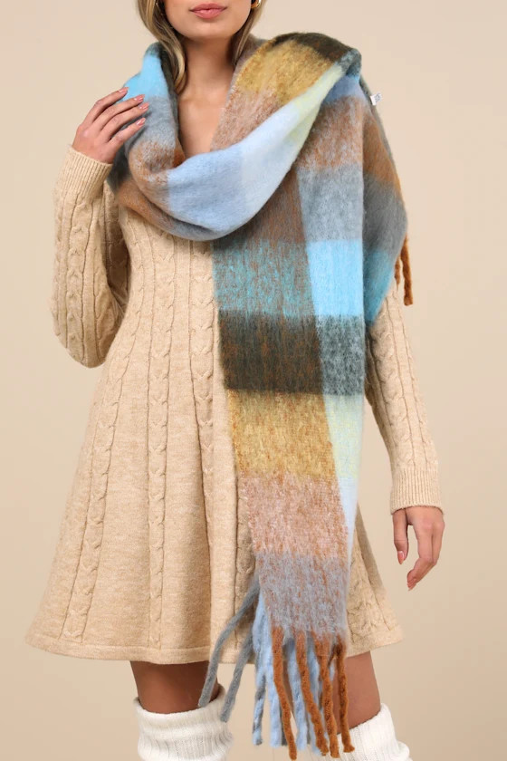 Seasonal Cuteness Blue Multi Plaid Oversized Scarf | Lulus