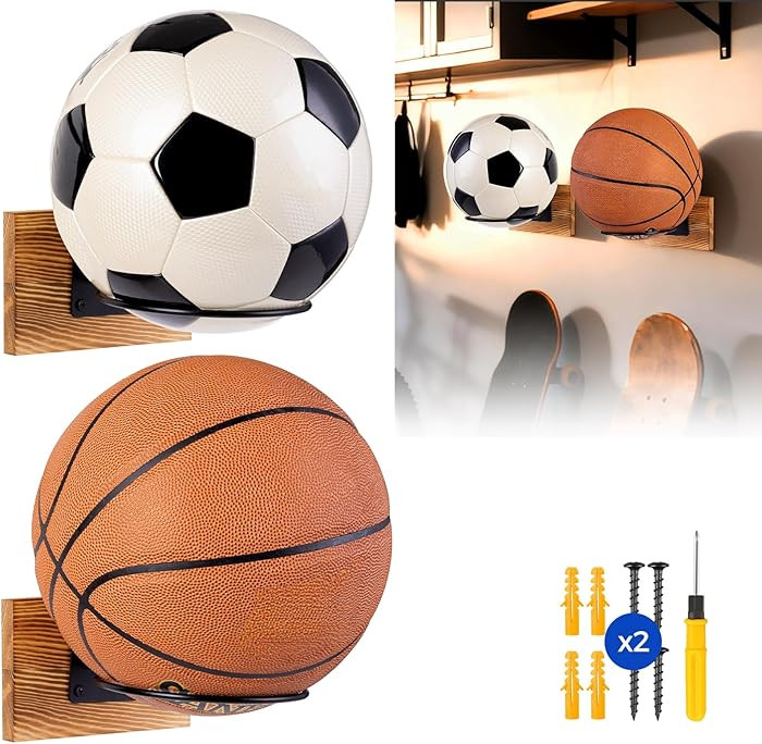 Wall Mount Ball Holder,Rustic Wood Sports Ball Storage Rack for Basketball, Soccer, Volleyball, F... | Amazon (US)