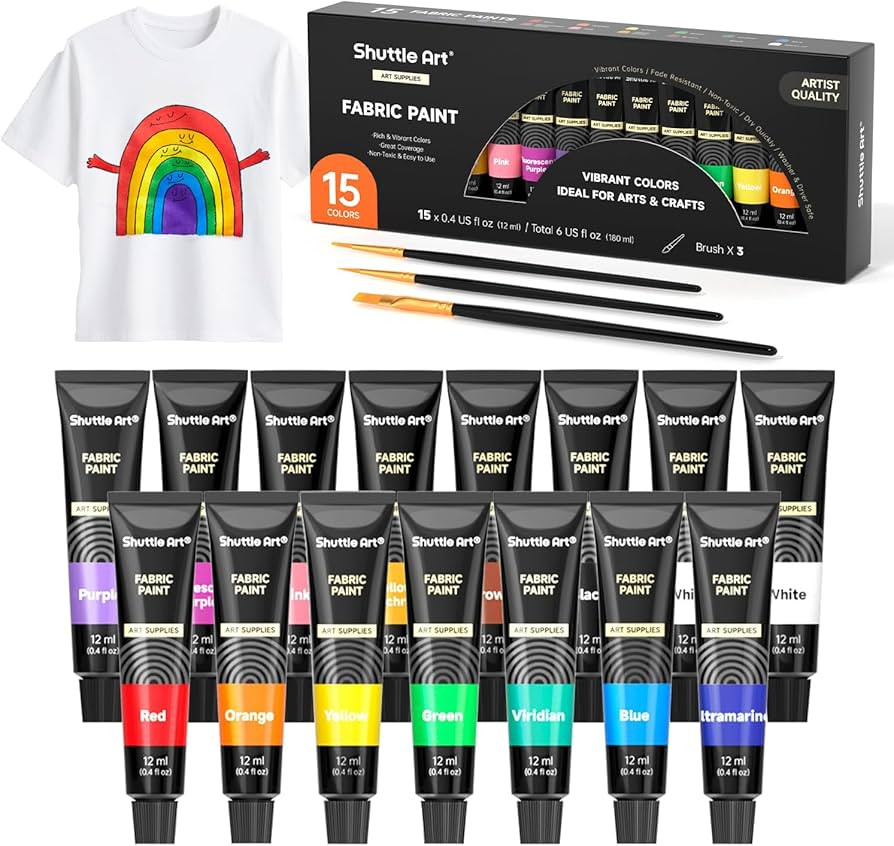 Shuttle Art Fabric Paint, 15 x 12ml Tubes Permanent Soft Fabric Paint with 3 Brushes, Non-Toxic T... | Amazon (US)