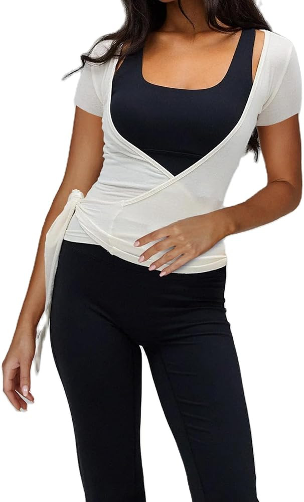 Womens Yoga Shirts Wrap Ruched Tie Front Short Sleeve Workout T Shirts Sexy Deep V Neck Slim Fit ... | Amazon (US)