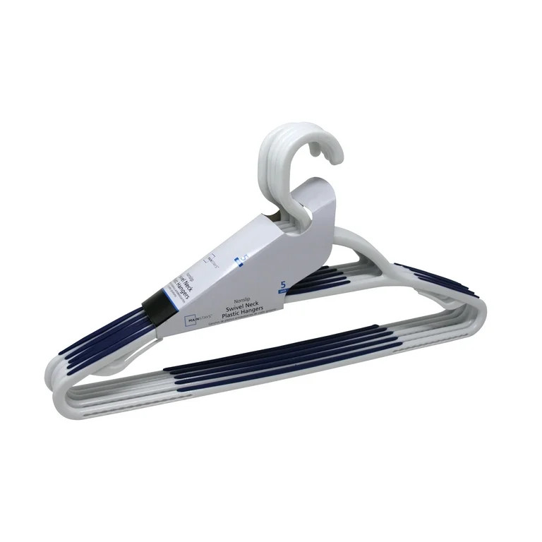 Mainstays Non-Slip Clothing Hangers, 5 Pack, Swivel Neck, White & Blue, Adult, Durable Plastic | Walmart (US)