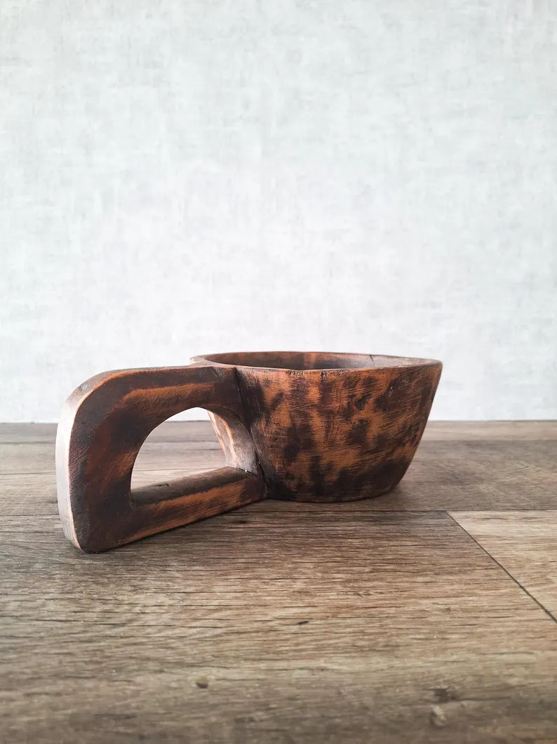 Antique Hand-Carved Wooden Bowl with Handle, Primitive Wood Mortar, Rustic French Farmhouse Decor | Etsy (US)