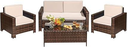 Greesum 4 Pieces Patio Porch Furniture Sets, PE Rattan Wicker Chairs with Table, Beige and Brown | Amazon (CA)