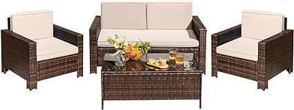 Greesum 4 Pieces Patio Porch Furniture Sets, PE Rattan Wicker Chairs with Table, Beige and Brown | Amazon (CA)