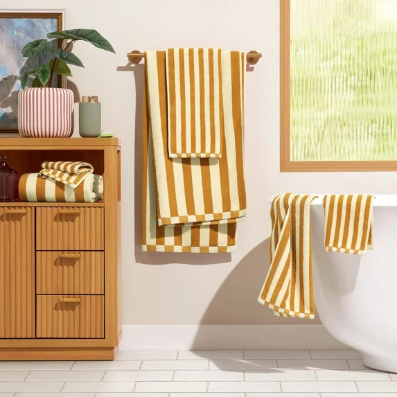 Beautiful by Drew Barrymore 6-Piece Stripe Hem Bath Towel Set, Soft 100% Cotton, Yellow | Walmart (US)