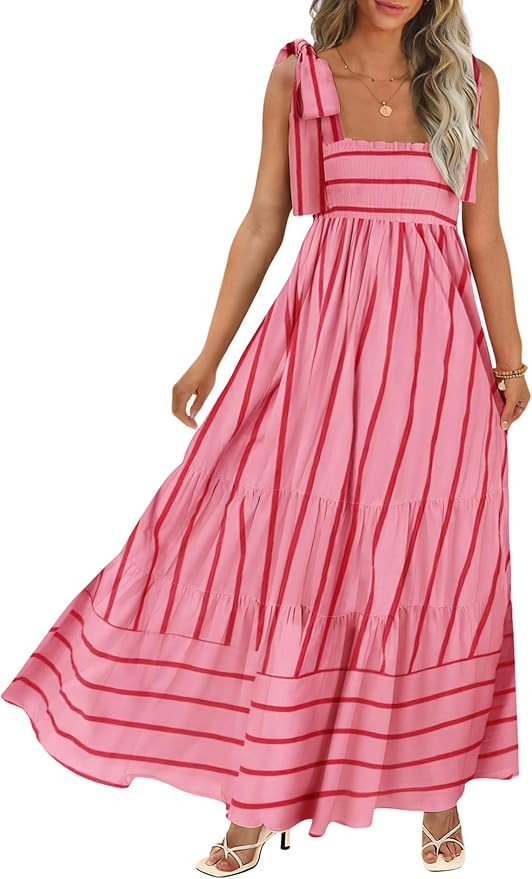 CURBODO Women's Summer Maxi Dress Boho Spaghetti Straps Casual Long A-line Smocked Beach Dress Sq... | Amazon (US)
