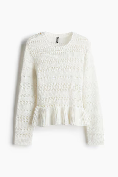 H & M - Pointelle-Knit Peplum Sweater - White | H&M (US + CA)