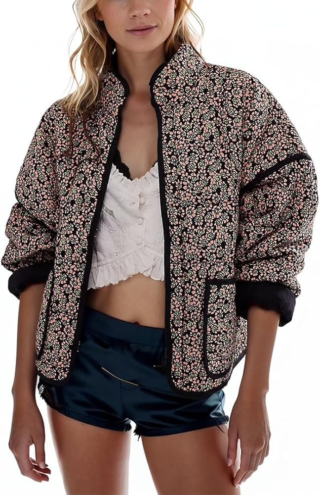 Omoone Women's Cropped Quilted Jacket Floral Printed LightWeight Padded Puffer Cardigan Coat Outw... | Amazon (US)