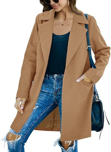 Fazortev Womens Casual Long Sleeve Wool Blend Pea Coat Lapel Notched Collar Warm Midi Jacket Over... | Amazon (US)
