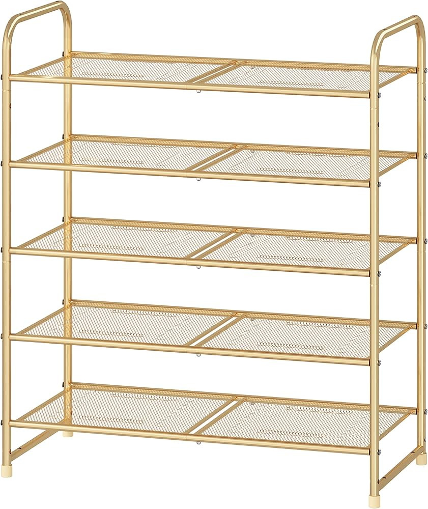 5-Tier Stackable Shoe Rack, Expandable & Adjustable Shoe Shelf Storage Organizer, Metal Mesh, Gol... | Amazon (US)